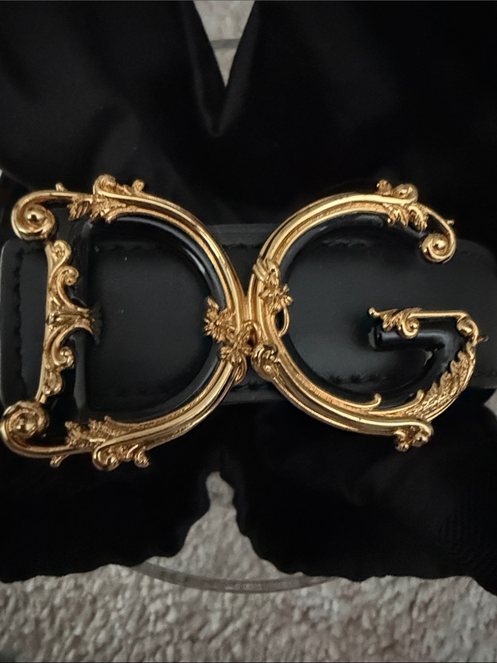 Dolce & Gabbana Black Leather Belt with Ornate Gold DG Logo Buckle